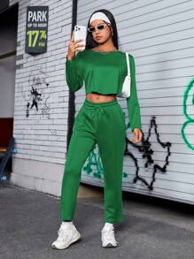SHEIN Sports Solid Color Comfortable Casual Sportswear Suit Women Tracksuit - Green - View 2