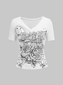 ROMWE Fairycore 女款玫瑰印花 V 領白色 T 卹 - 白色 - 查看 1