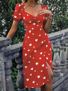 SHEIN Frenchy Heart Print High Slit Dress - Red and White - View 4