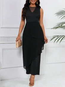 SHEIN Lady 网眼撞色高腰阔腿连体裤 - 黑色 - 查看 3