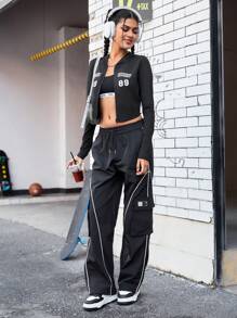 SHEIN Sports Letter Printed Zip Front Hooded Sports Jacket - Black - View 4