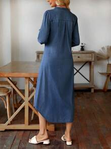 EMERY ROSE Solid Color Asymmetrical Hem Denim Dress With Notched Collar - Medium Wash - View 2