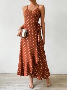 SHEIN Clasi Vestido Con Tirantes De Espagueti Con Estampado De Lunares Y Sobrefalda Con Volantes - Rojo - Ver 3