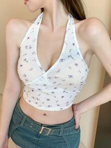 DAZY 全方位花卉印花短款背心,露背頸掛式,修身版型 - 白色 - 查看 5