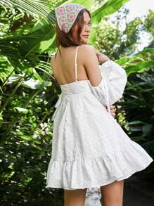 Enchnt Summer Ladies' Solid Color Off-Shoulder Lantern Sleeve Cami Dress - White - View 2