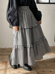 FRIFUL 女士格子荷叶边半身裙 - 黑與白 - 查看 8
