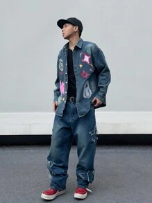 Manfinity Roghcode Men's Graffiti Printed Drop Shoulder Denim Shirt