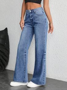 SHEIN Essnce Của phụ nữ Lỏng lẻo Thấp-Nâng cao Giò thẳng Quần jean Với Thêu Túi - Rửa trung bình - Xem 3