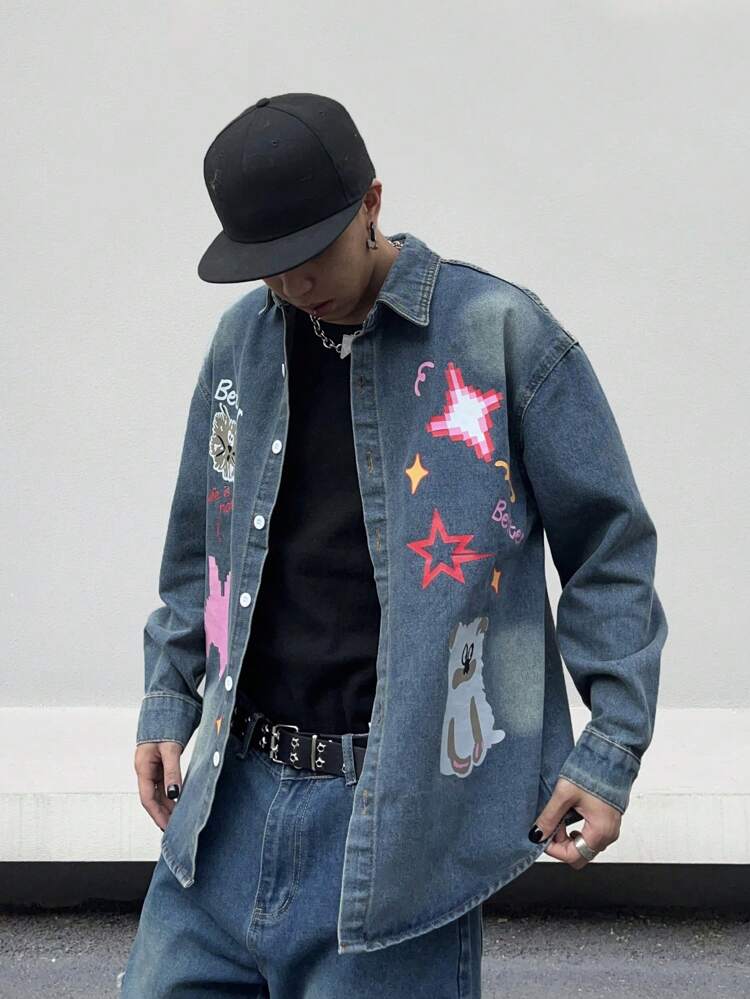 Men's Graffiti Printed Drop Shoulder Denim Shirt