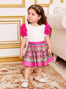 SHEIN Baby Girl Holiday Patchwork 3d Flower Short Sleeve Top And Skirt Set - White - View 5