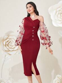 Modelyn Burgundy Red Butterfly Embroidery Sheer Mesh Contrast Slit Dress Long Evening Dresses
