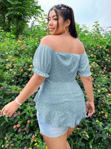 SHEIN Essnce Camiseta holgada con hombros descubiertos, bordado calado y cordón ajustable, talla grande - Celeste - Ver 2