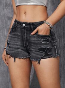 SHEIN ICON Distressed Frayed Hem Skinny Denim Shorts Y2k - Black - View 5