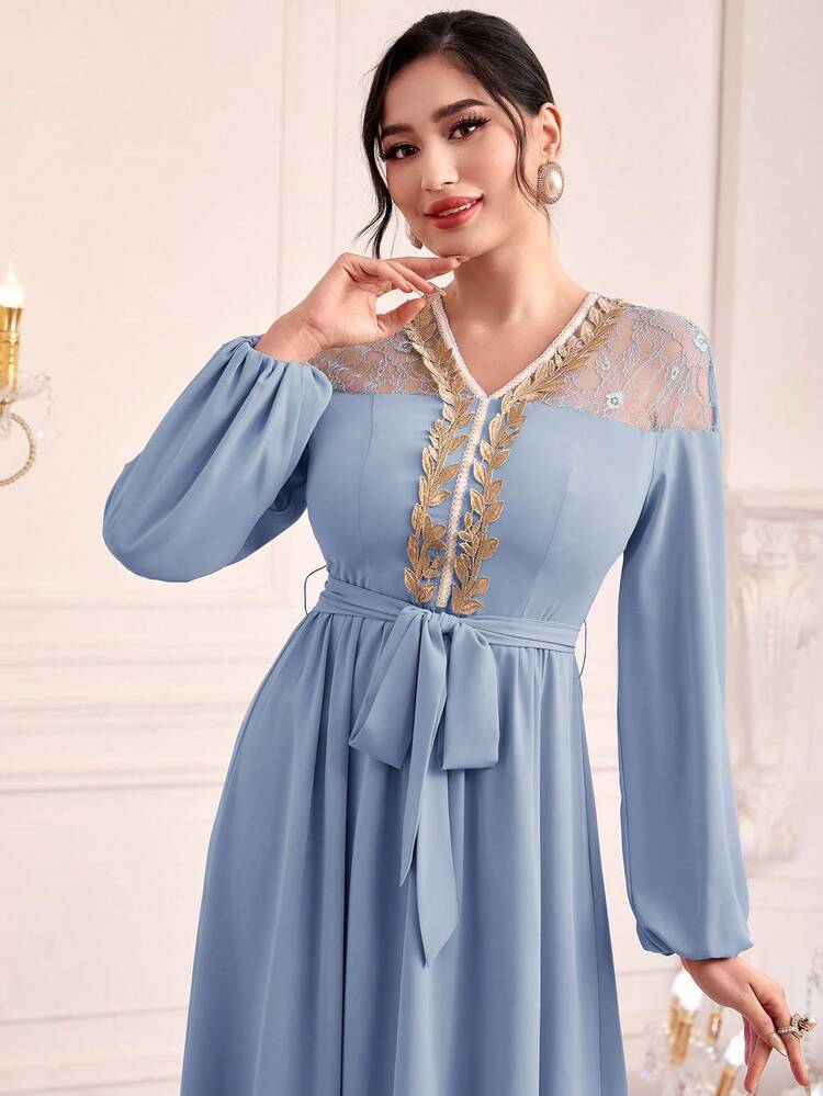 Women's Patchwork Lace Floral Decoration Lantern Sleeve Arabian Dress