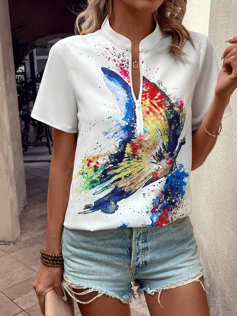 SHEIN Clasi 女拉鍊半門襟立領短袖襯衫 - 白色 - 查看 1