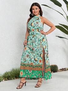 SHEIN VCAY Plus Size Women's Printed Halter Dress With High Split