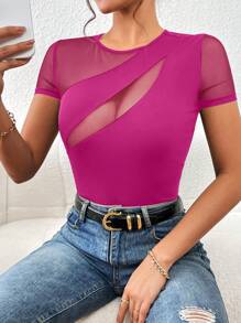 SHEIN Privé Của phụ nữ Chèn lưới Thon gọn Áo thun - Màu tím - Xem 5