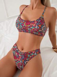 女士曼陀罗印花细肩带比基尼套装，适合夏季海滩度假 - 紅色 - 查看 4