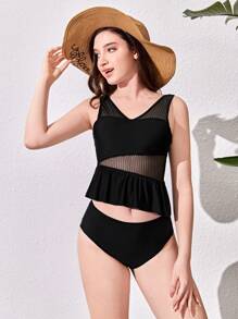 Teenage Girl's Stylish Bikini Set With Mesh Panels And Ruffle Trim