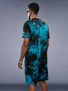 Manfinity RebelGame Men Cotton Drop Shoulder Letter Pattern Tie Dye Tee & Drawstring Waist Track Shorts - Mint Blue - View 7