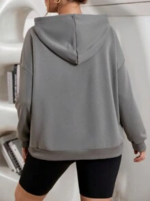 SHEIN EZwear 秋冬大码休闲印花连帽长袖女式卫衣 - 灰色 - 查看 4
