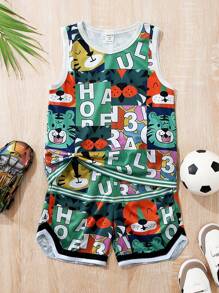 SHEIN 2pcs/Set Young Boys' Casual Cartoon Animal Patterned Sleeveless Top And Shorts Set,Soft Breathable Fashionable Summer Outfit,Suitable For Spring - Multicolor - View 1
