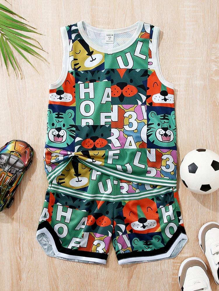 2pcs/Set Young Boys' Casual, Comfortable, Fashionable, Practical, Versatile, Cute, Soft, Breathable, Cartoon Animal Patterned Top And Shorts Set, Suitable For Spring And Summer