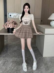 DAZY Women's Checkered Pattern Pleated Skirt - Chocolate Brown - View 5