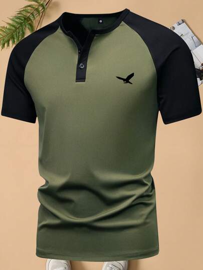 Nueva camiseta tipo henley de manga corta para hombre de verano, estampado casual de águila, ocio, viaje, al aire libre, campamento, tops masculinos