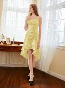 SHEIN MOD Của phụ nữ Pleated Bust Hem cao thấp Váy không tay Không có Eo Thắt lưng - Màu vàng - Xem 5
