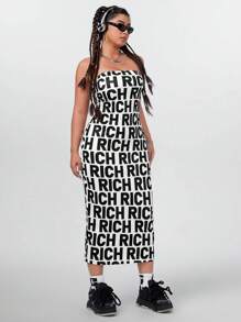 SHEIN Coolane 大尺碼女士黑白字母紋無肩帶長裙 - 黑與白 - 查看 5