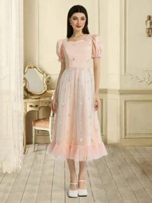 花卉刺繡泡泡袖優雅網紗連衣裙 - 粉色 - 查看 4