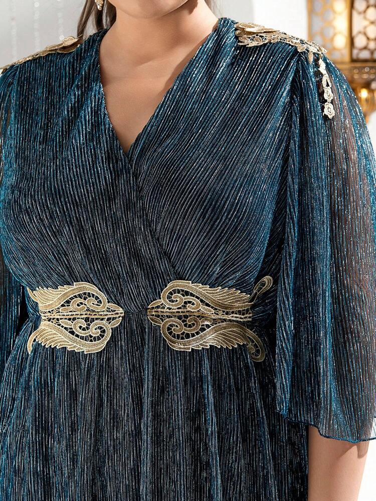 Plus Size Embroidered Wrap Collar Patchwork Dress