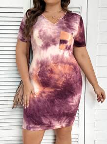 SHEIN LUNE Plus Size Women's Short Sleeve Short Length Tie Dye Print Dress With Notch V-Neck, Casual - Multicolor - View 6