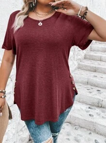 SHEIN Clasi Plus Size Button Detail Curved Hem T-Shirt - Burgundy - View 4