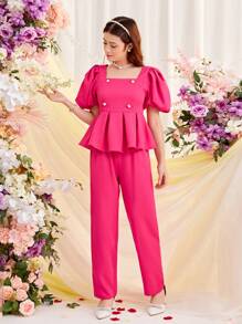 SHEIN 少女纯色装饰扣泡泡袖衬衫和裤子休闲两件套 - 玫紅色 - 查看 1