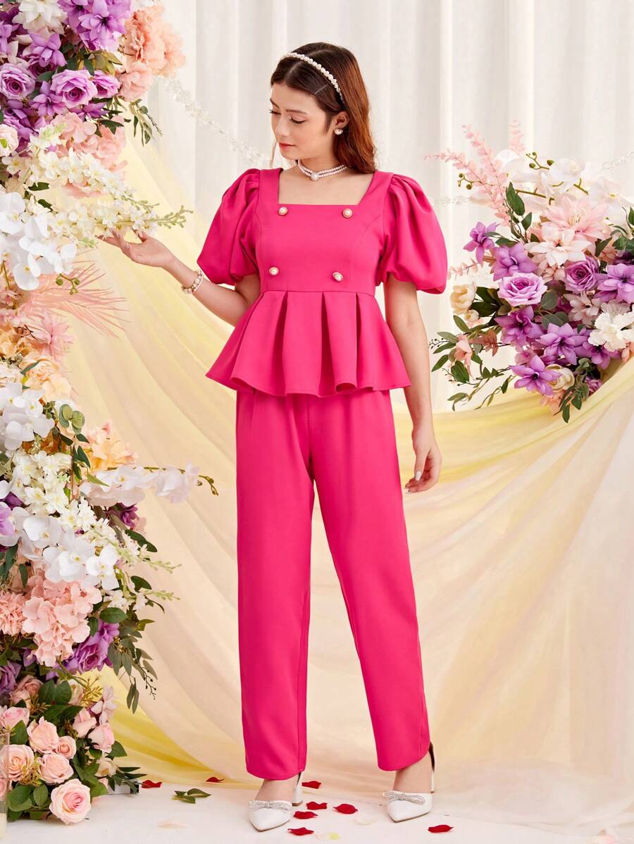 SHEIN 少女纯色装饰扣泡泡袖衬衫和裤子休闲两件套 - 玫紅色 - 查看 1