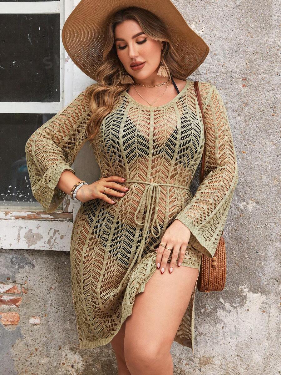 SHEIN LUNE Vestido De Punto De Mangas Largas Y Huecos Para Mujer De Talla Grande - Caqui - Ver 1