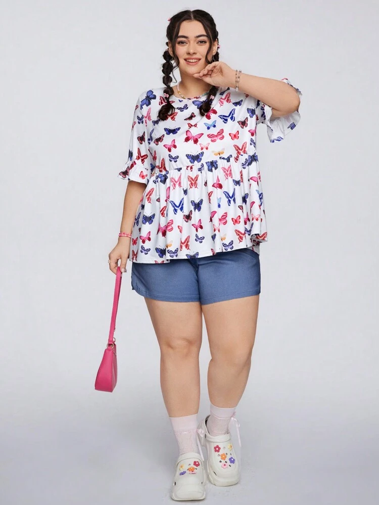 Butterfly Printed Plus Size Flare Sleeve Top And Denim Effect Elastic Waist Shorts 2pcs/Set