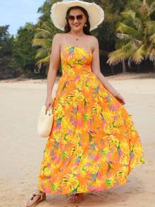 SHEIN VCAY 大尺碼女士夏季海灘度假用熱帶植物印花長背心連衣裙 - 彩色 - 查看 6