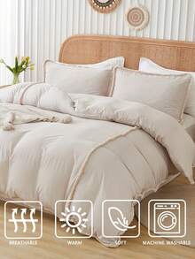 3件套涤纶面双线加四面绒被套（1个被套+2个枕套，不含填充物）现代美式田园森系经典柔软亲肤被套套装，适合所有季节，适用于居家、卧室、客房、主卧 - 米色 - 查看 8