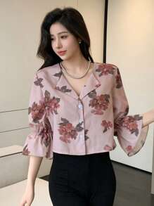 DAZY Women's Floral Printed Ruffle Hem Blouse With Flounce Sleeves,Long Sleeve Tops Fall - Pink - View 7