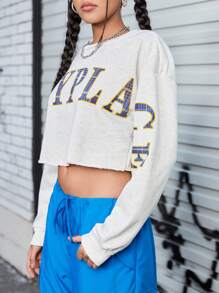 SHEIN Street Sport 字母印花落肩运动卫衣 - 淺灰色 - 查看 3