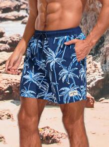 Manfinity Shorts De Playa Para Hombre Impreso Con Árboles De Coco Y Bolsillos Diagonales - Azul - Ver 1