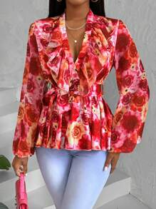 Zolique 女士長袖襯衫,褶邊設計 - 紅色 - 查看 4