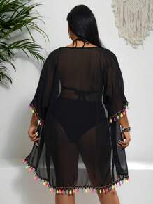 SHEIN Swim Curve Kích thước lớn Của phụ nữ Viền tua Cổ tay áo Kimono Với Vá lại Thiết kế - màu đen - Xem 2