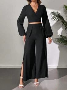 SHEIN Tall Solid Color V-Neck Lantern Sleeve Top And Split Wide Leg Pants, Tall Women - Black - View 6