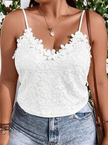 SHEIN Clasi Áo hai dây Plus Size Đề can Tương phản ren màu trơn Giải trí - trắng - Xem 4