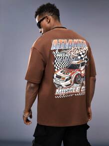 Manfinity RebelGame Oversized Men's Car & Letter Graphic Drop Shoulder T-Shirt - Brown - View 3