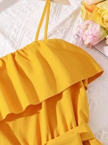 少女編織高低底裙細肩帶裙子 - 黃色 - 查看 3
